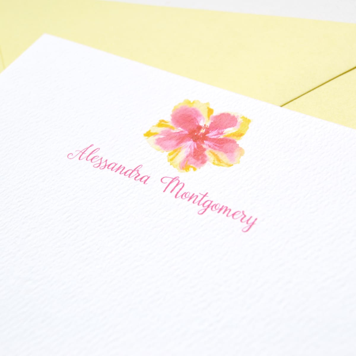Watercolor floral pink and yellow tropical hibiscus personalized stationery note cards set. 100% original art by artist Michelle Mospens. | Mospens Studio