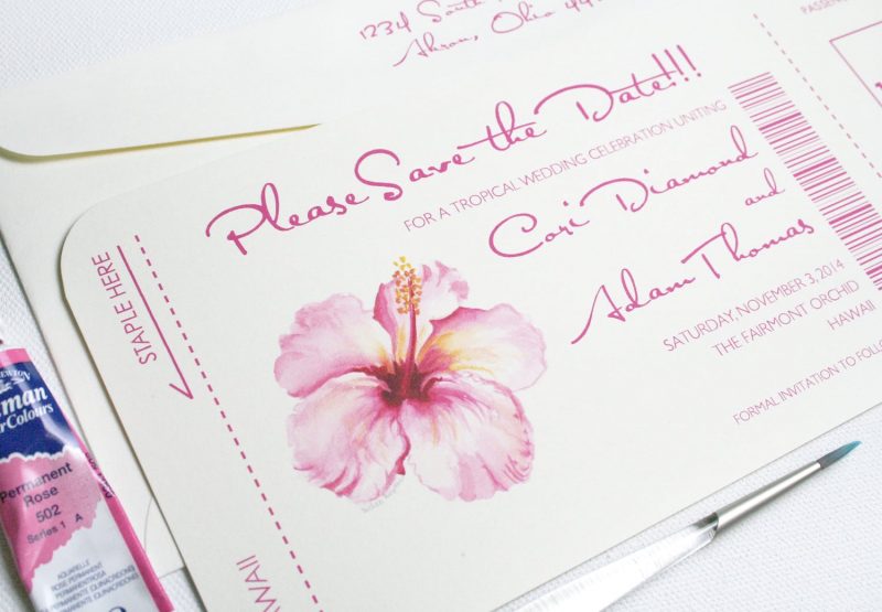 The perfect destination wedding save the dates! Boarding pass inspired save the date cards perfect for your tropical beach themed wedding by artist Michelle Mospens. | Mospens Studio