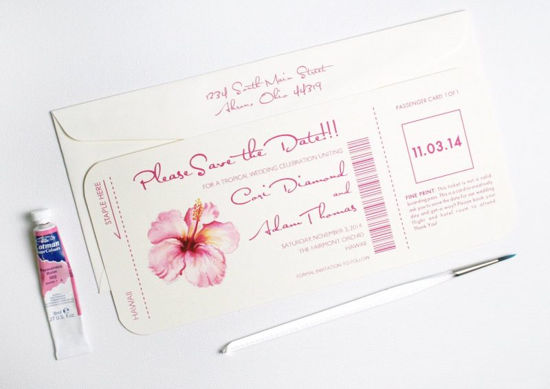 The perfect destination wedding save the dates! Boarding pass inspired save the date cards perfect for your tropical beach themed wedding by artist Michelle Mospens. | Mospens Studio