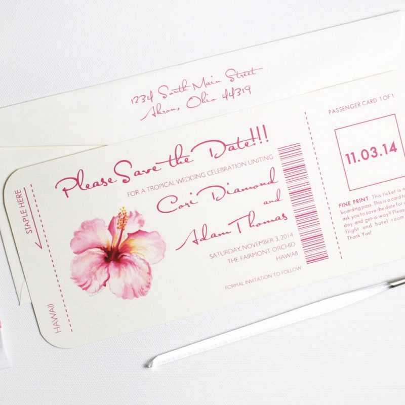 The perfect destination wedding save the dates! Boarding pass inspired save the date cards perfect for your tropical beach themed wedding by artist Michelle Mospens. | Mospens Studio