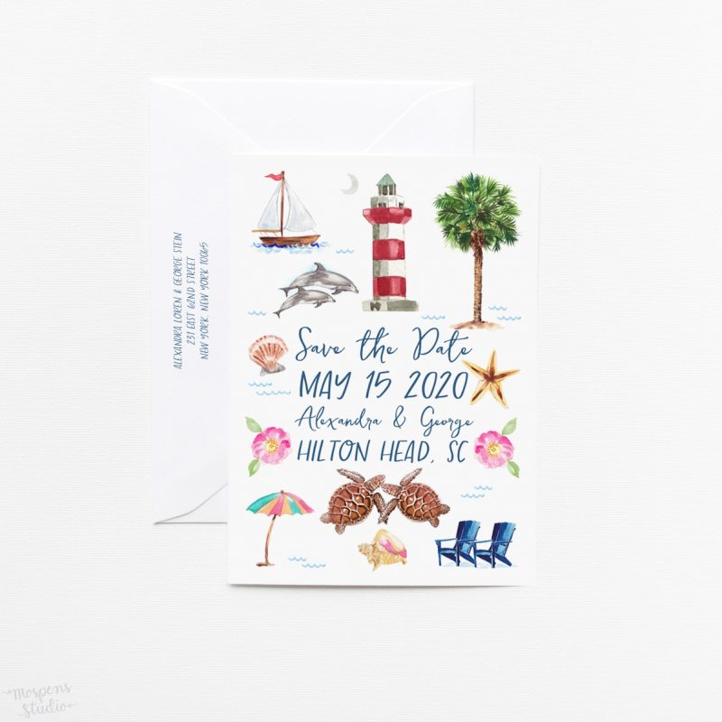 Original watercolor illustrated Hilton Head Island save the date cards by artist Michelle Mospens. Perfect for a beach destination wedding. | Mospens Studio