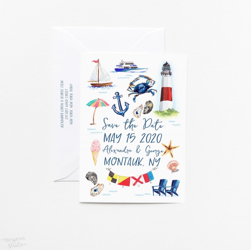 Original watercolor illustrated Montauk New York save the date cards by artist Michelle Mospens. Perfect for a nautical destination wedding. | Mospens Studio