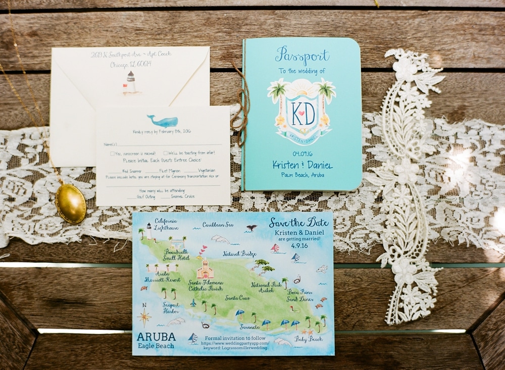 Custom wedding invitations for a destination wedding in Palm Beach Aruba by artist Michelle Mospens. Mospens Studio