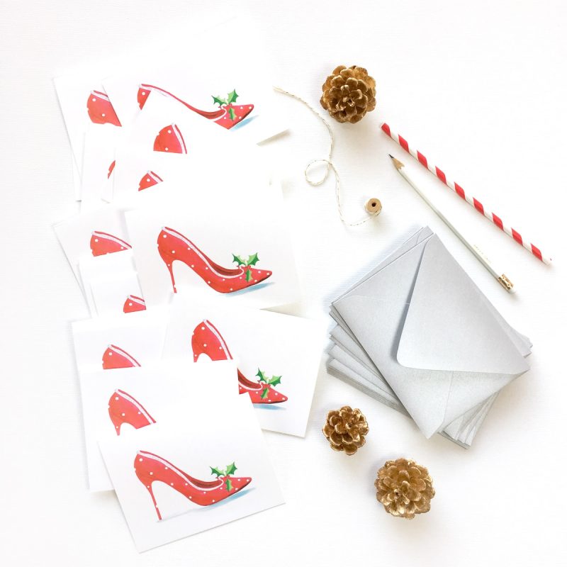 Handmade and watercolor high heel Christmas card by artist Michelle Mospens. | Mospens Studio
