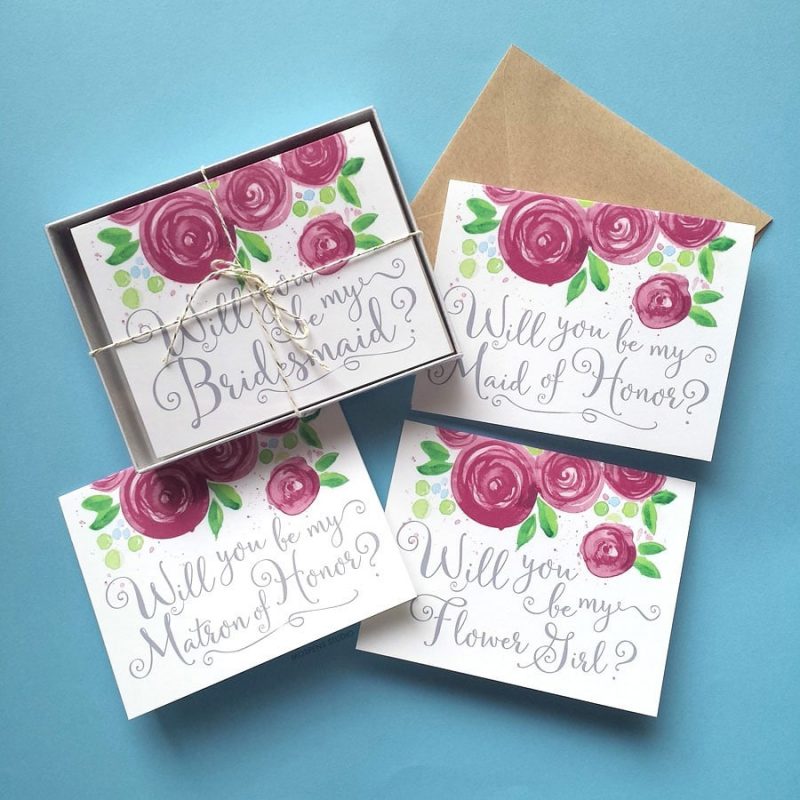 Burgundy rose blooms floral Will You Be My Bridesmaid Cards by artist Michelle Mospens. | Mospens Studio