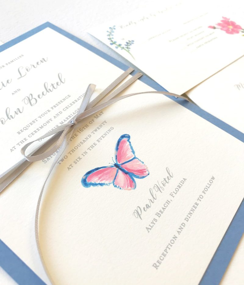 Hand painted watercolor butterfly and wildflowers wedding invitations suite by artist Michelle Mospens. | Mospens Studio