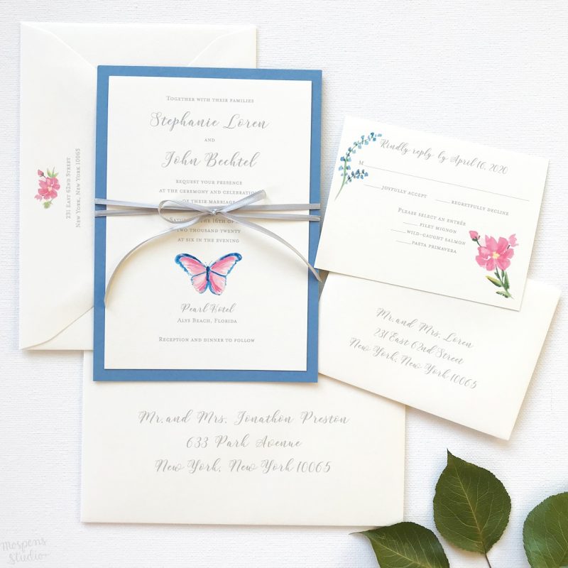 Hand painted watercolor butterfly and wildflowers wedding invitations suite by artist Michelle Mospens. | Mospens Studio