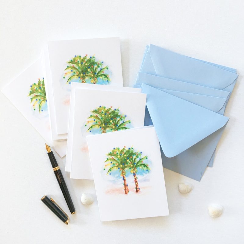 Handmade and watercolor palm trees beach Christmas Cards by artist Michelle Mospens. | Mospens Studio