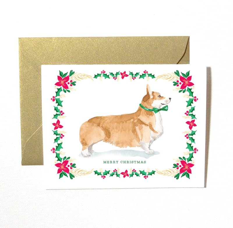 Handmade and watercolor corgi dog Christmas Cards by artist Michelle Mospens. | Mospens Studio