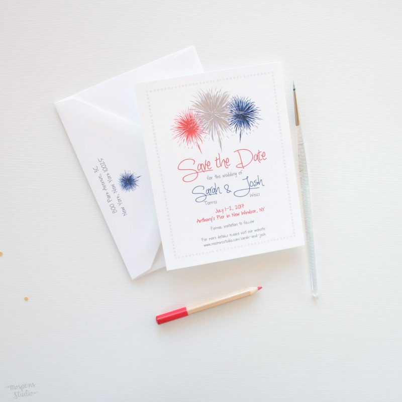 Hand painted fourth of July fireworks save the date cards by artist Michelle Mospens. | Mospens Studio