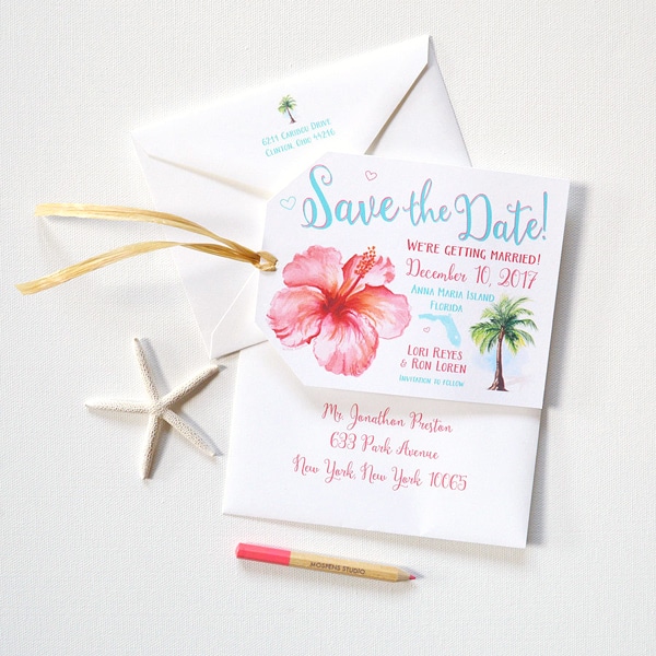 100% original watercolor save the date luggage tag cards by artist Michelle Mospens. Perfect for a destination wedding at the beach. | Mospens Studio