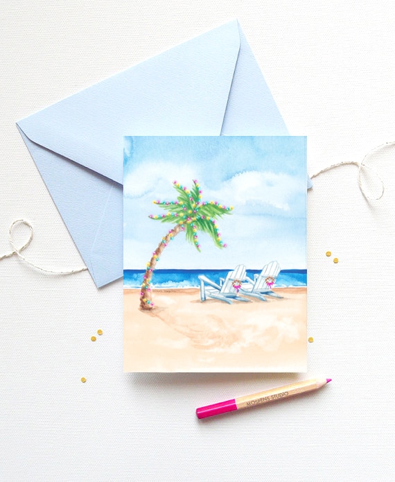 Handmade and watercolor palm trees beach Christmas Cards by artist Michelle Mospens. | Mospens Studio