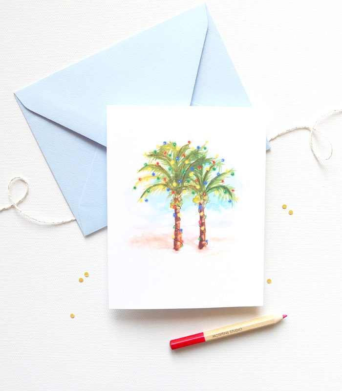 Handmade and watercolor palm trees beach Christmas Cards by artist Michelle Mospens. | Mospens Studio