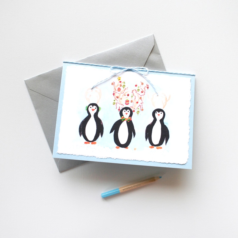 handmade penguins christmas card elegant custom watercolor