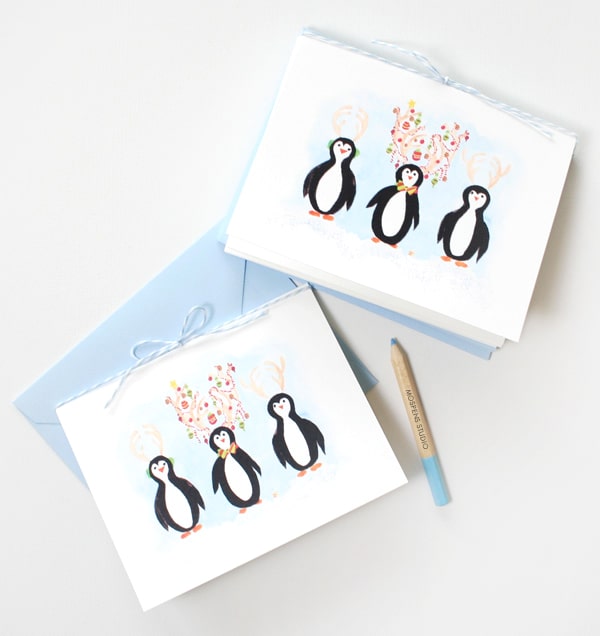 Handmade and hand-painted watercolor penguins Christmas cards set by artist Michelle Mospens. | Mospens Studio