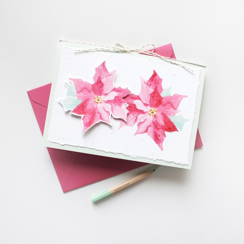 Handmade and hand-painted watercolor poinsettia Christmas card by artist Michelle Mospens. | Mospens Studio