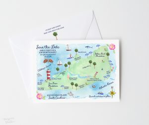 Watercolor Hilton Head Island, South Carolina save the date map cards by artist Michelle Mospens. | Mospens Studio