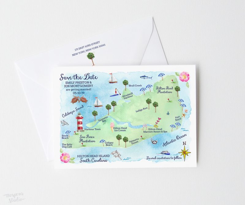 Watercolor Hilton Head Island, South Carolina save the date map cards by artist Michelle Mospens. | Mospens Studio