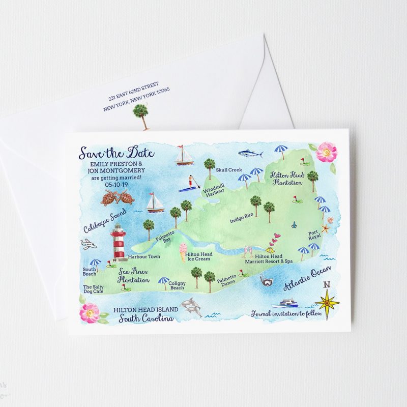 Watercolor Hilton Head Island, South Carolina save the date map cards by artist Michelle Mospens. | Mospens Studio