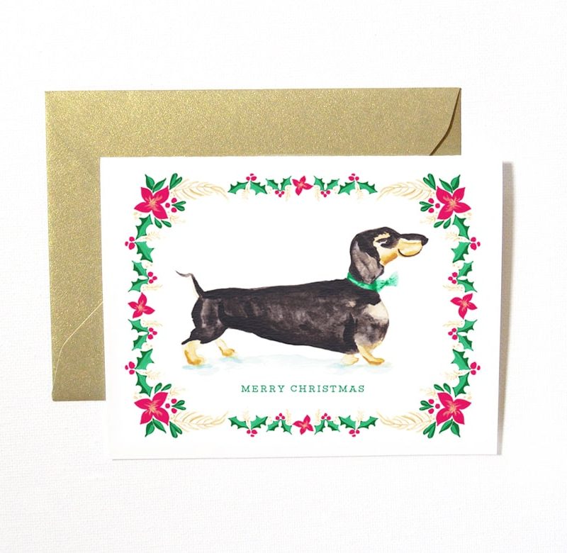 Handmade and watercolor dachshund dog Christmas Cards by artist Michelle Mospens. | Mospens Studio