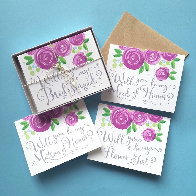 Floral plum purple rose blooms Will You Be My Bridesmaid Cards by artist Michelle Mospens. | Mospens Studio