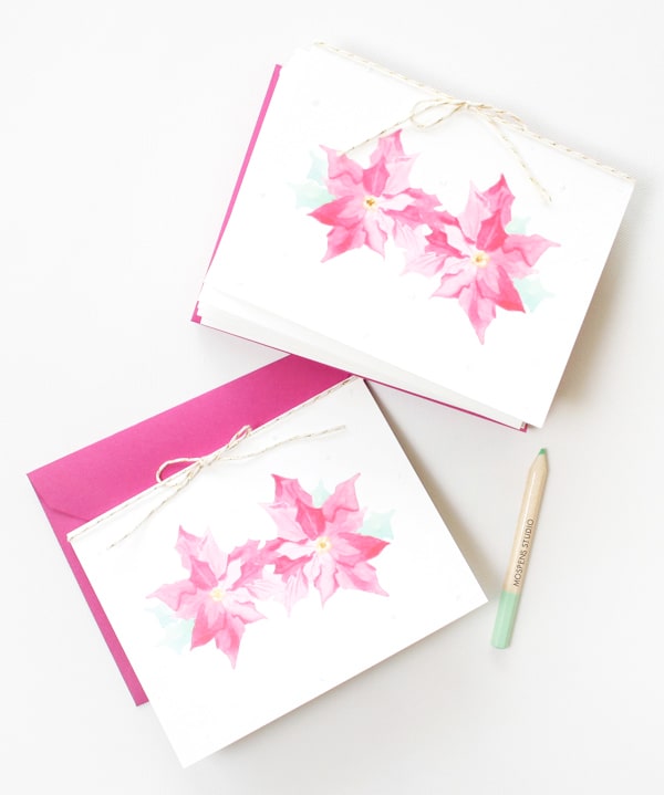 Handmade and hand-painted watercolor poinsettia Christmas Cards by artist Michelle Mospens. | Mospens Studio