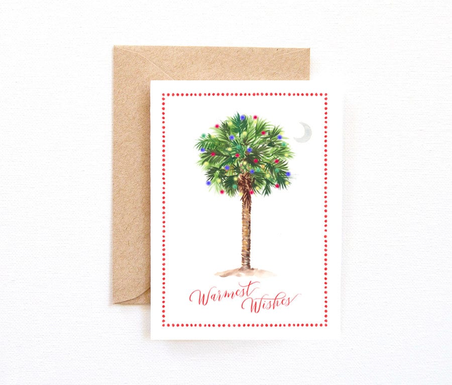 Handmade and watercolor South Carolina palmetto palm tree Christmas card set by artist Michelle