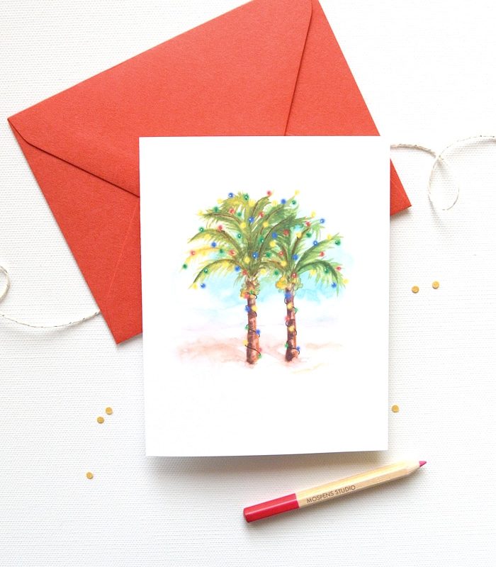 Handmade and watercolor palm trees beach Christmas Cards by artist Michelle Mospens. | Mospens Studio