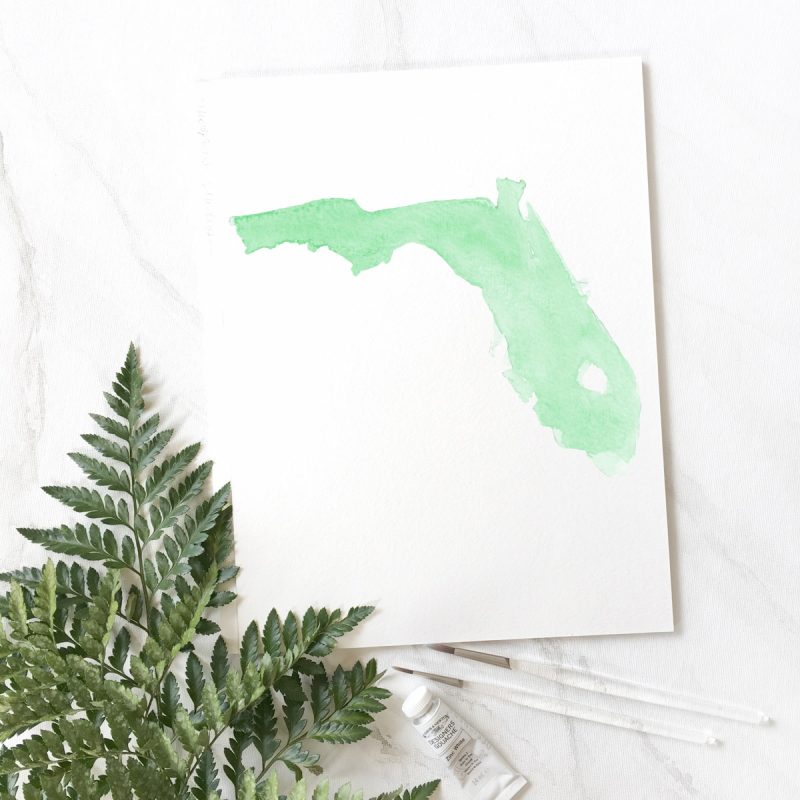 Hand-painted state of Florida for a wedding town map save the date card.