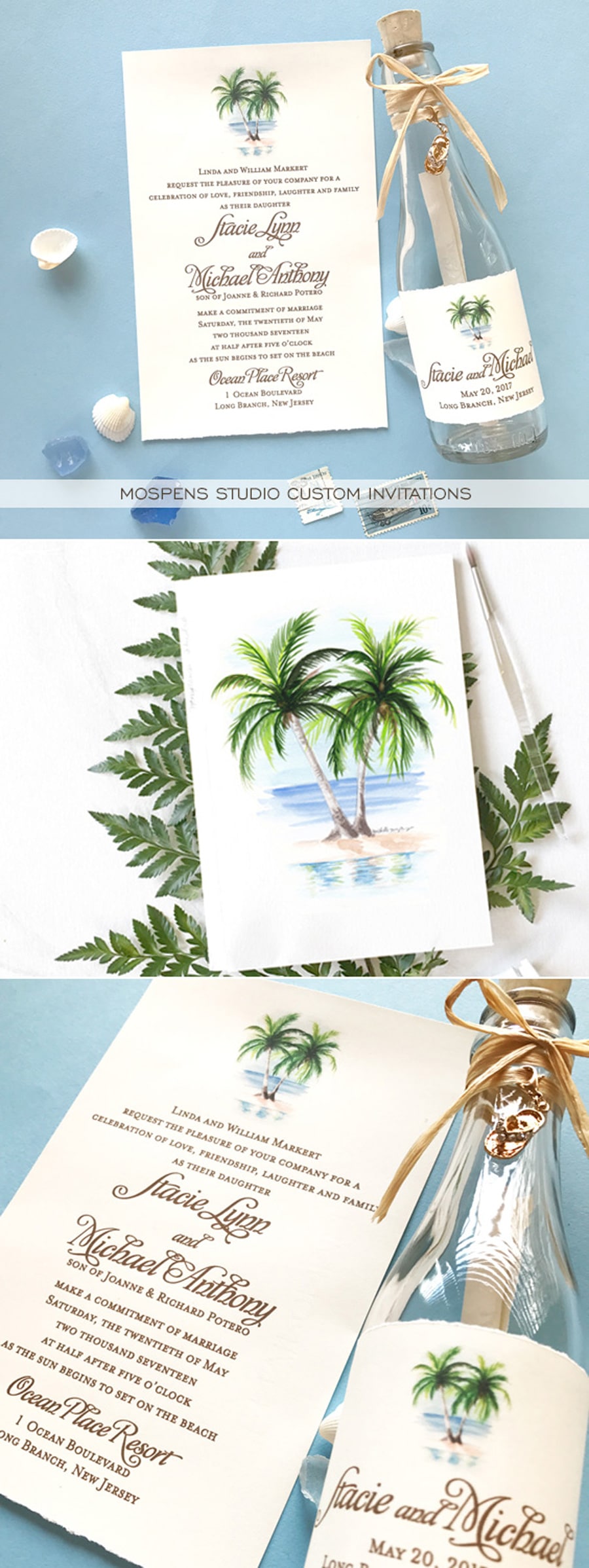 Tropical chic bottle invitations perfect for destination beach and seaside weddings. Each design first begins with Michelle Mospens original watercolor illustration. A fun and tropical beach chic way to invite your guests!