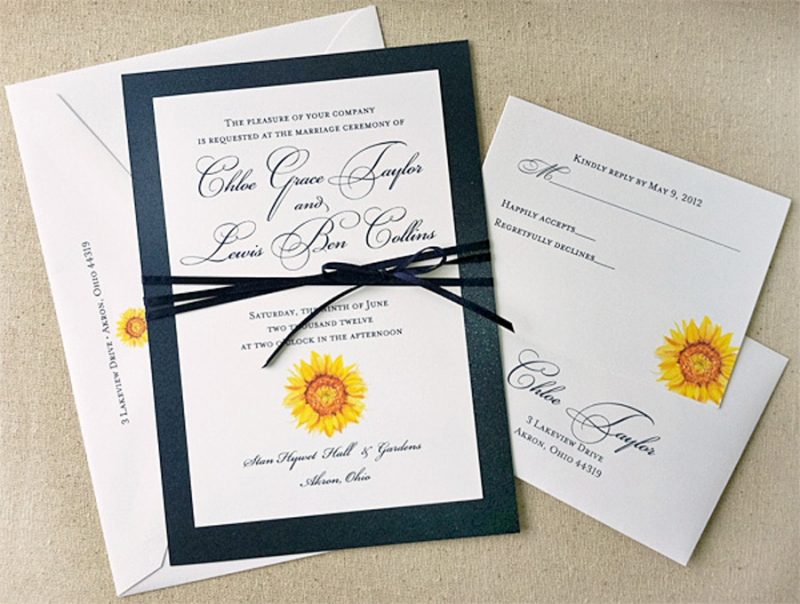 Hand painted watercolor sunflower layered wedding invitations suite by artist Michelle Mospens. | Mospens Studio