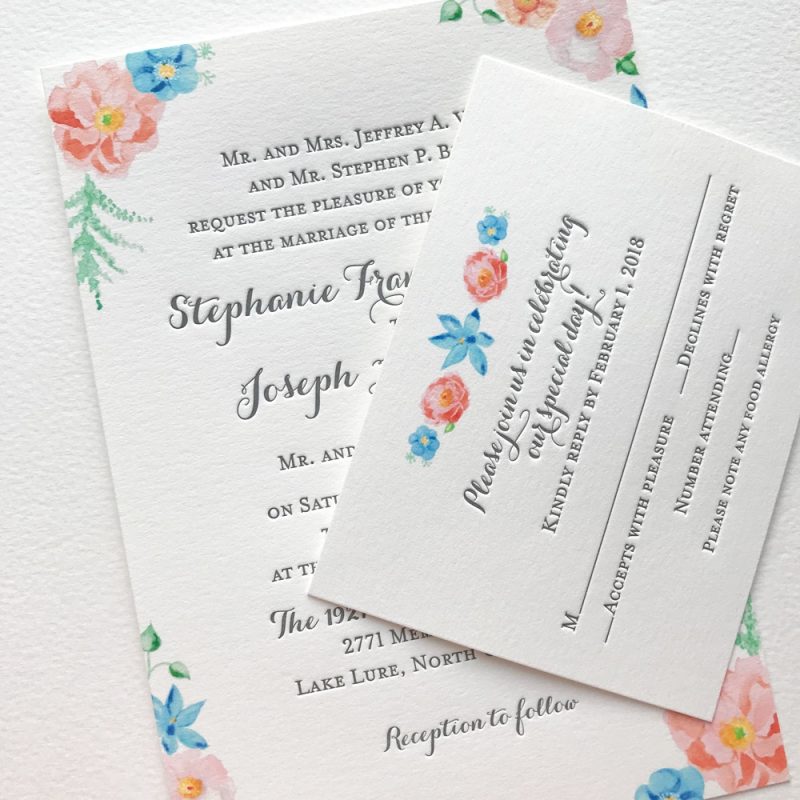 Floral watercolor letterpress wedding invitations. - Mospens Studio