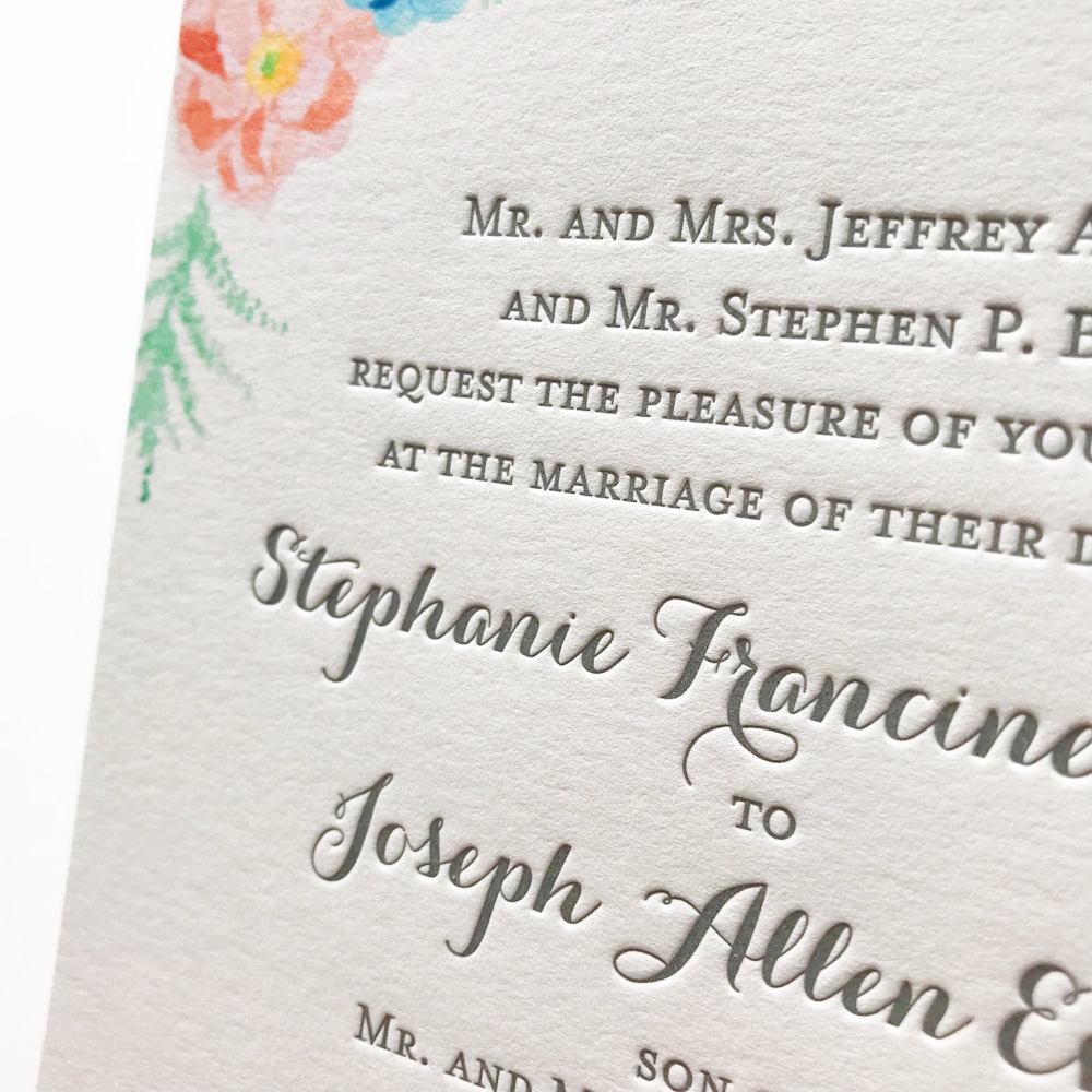 Floral watercolor letterpress wedding invitations. - Mospens Studio