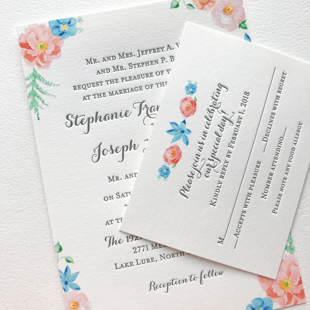 Floral watercolor letterpress wedding invitations. - Mospens Studio