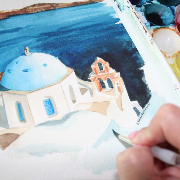 Hand painted greek church illustration by artist Michelle Mospens. Mospens Studio