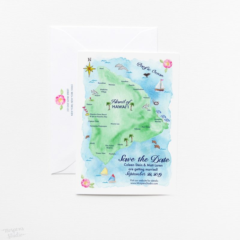 Illustrated watercolor Island of Hawaii wedding map save the date card by artist Michelle Mospens. - Mospens Studio