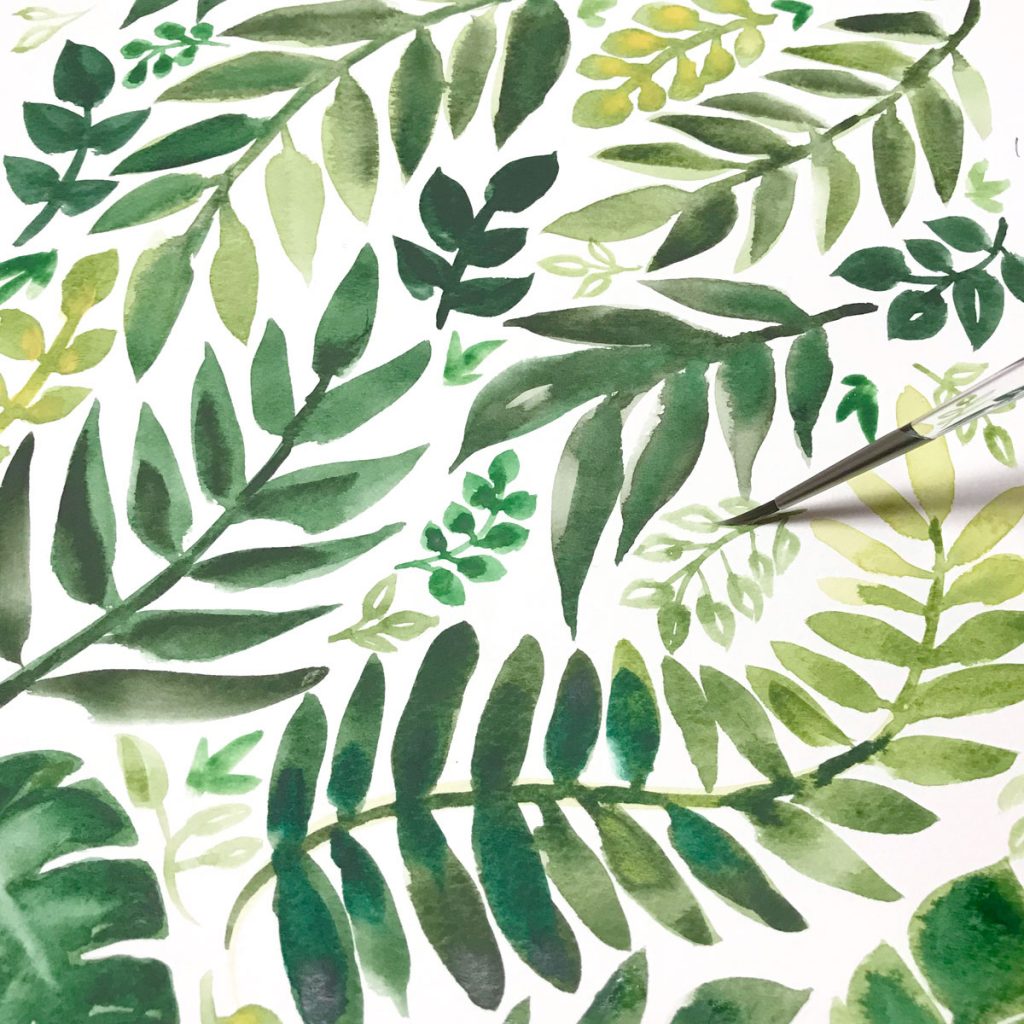 Hand-painted greenery leaves for a California wedding by artist Michelle Mospens. - Mospens Studio