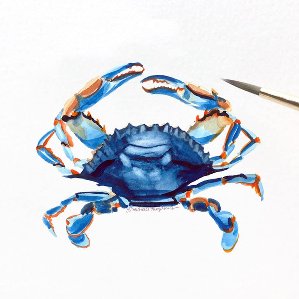 Hand-painted blue crab nautical illustration by artist Michelle Mospens. Mospens Studio
