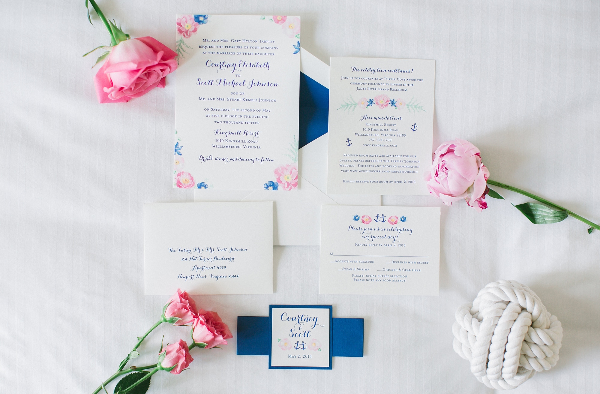 Custom hand-painted nautical letterpress and floral wedding invitation design by Mospens Studio.