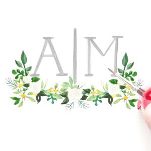 Custom hand-painted watercolor wedding monogram by artist Michelle Mospens. - Mospens Studio