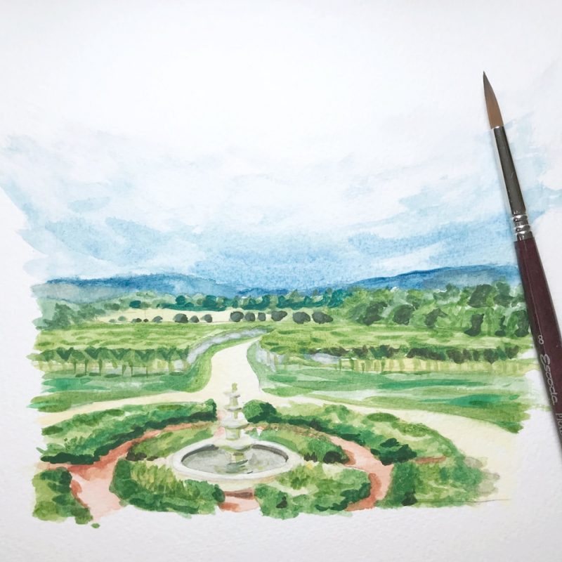 Hand-painted landscape for a summer wedding in Virginia. (Video) Original watercolor painting by artist Michelle Mospens. - Mospens Studio
