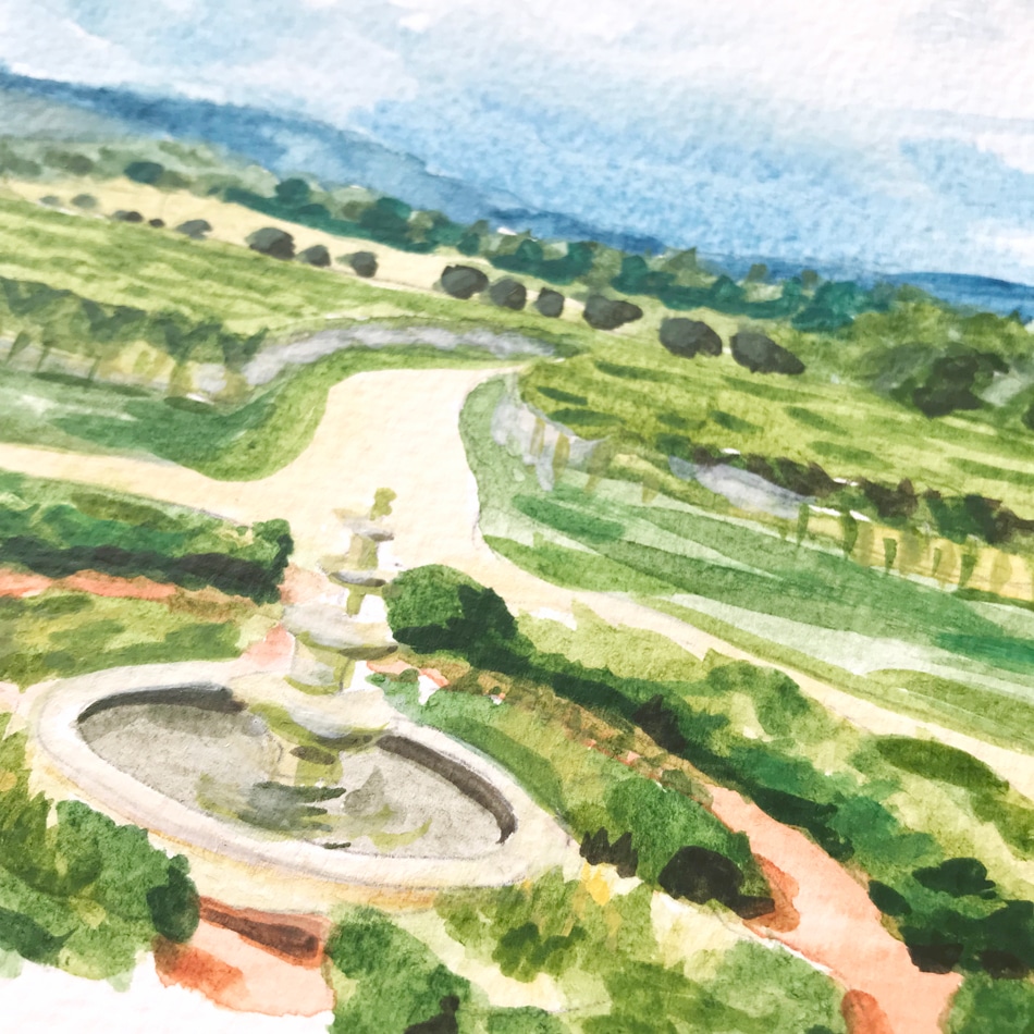 Hand-painted landscape for a summer wedding in Virginia. (Video) Original watercolor painting by artist Michelle Mospens. - Mospens Studio
