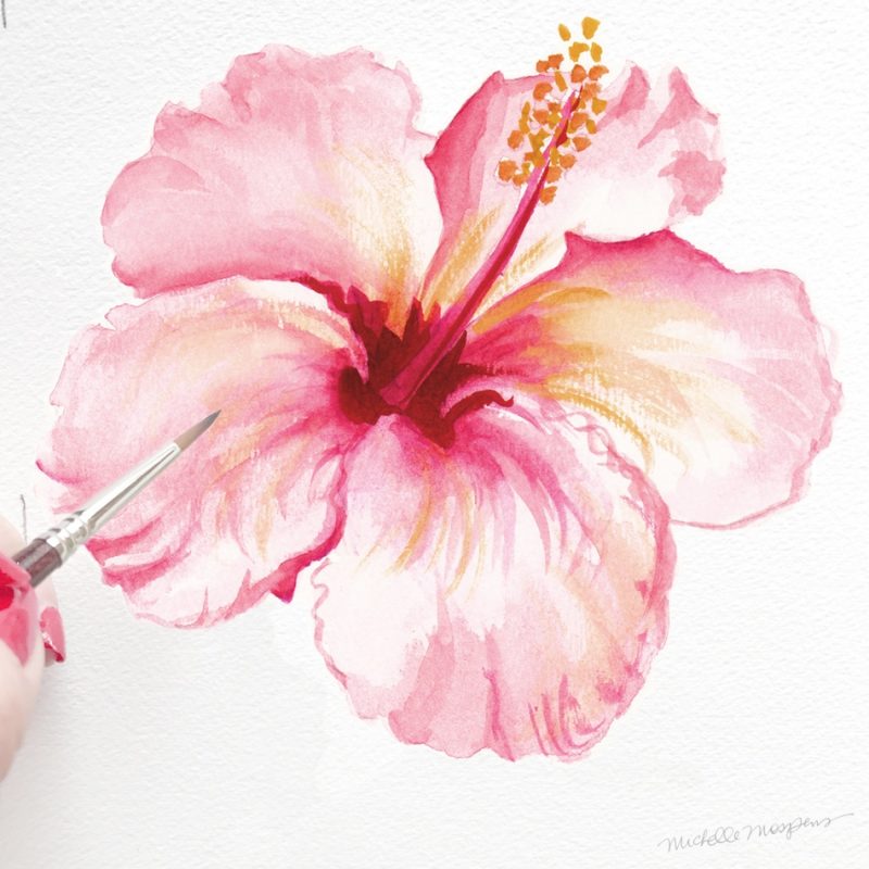 Hand-painted watercolor pink hibiscus flower by artist Michelle Mospens. - Mospens Studio