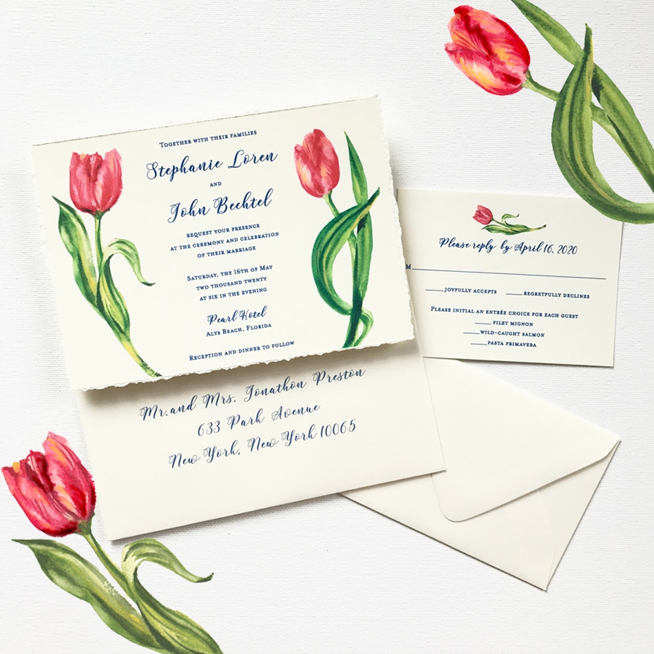 Hand-painted watercolor floral wedding invitation design by artist Michelle Mospens. - Mospens Studio