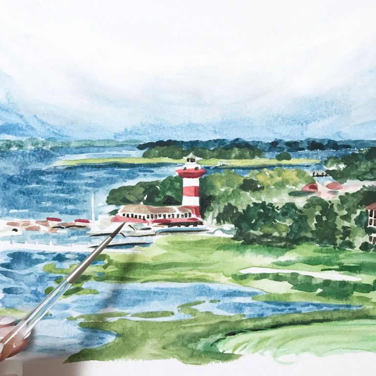 Hand-painted Hilton Head lighthouse by artist Michelle Mospens. - Mospens Studio
