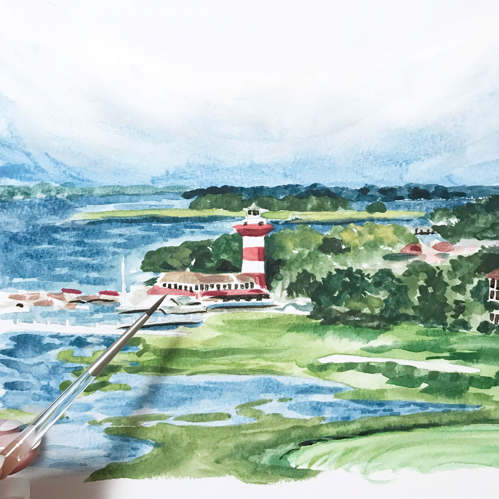 Hand-painted watercolor landscape of Hilton Head Sea Pines by artist Michelle Mospens. - Mospens Studio