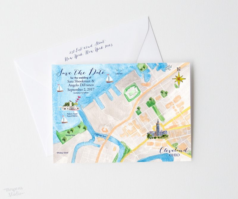 Illustrated watercolor Cleveland Ohio wedding map save the date cards by artist Michelle Mospens. - Mospens Studio