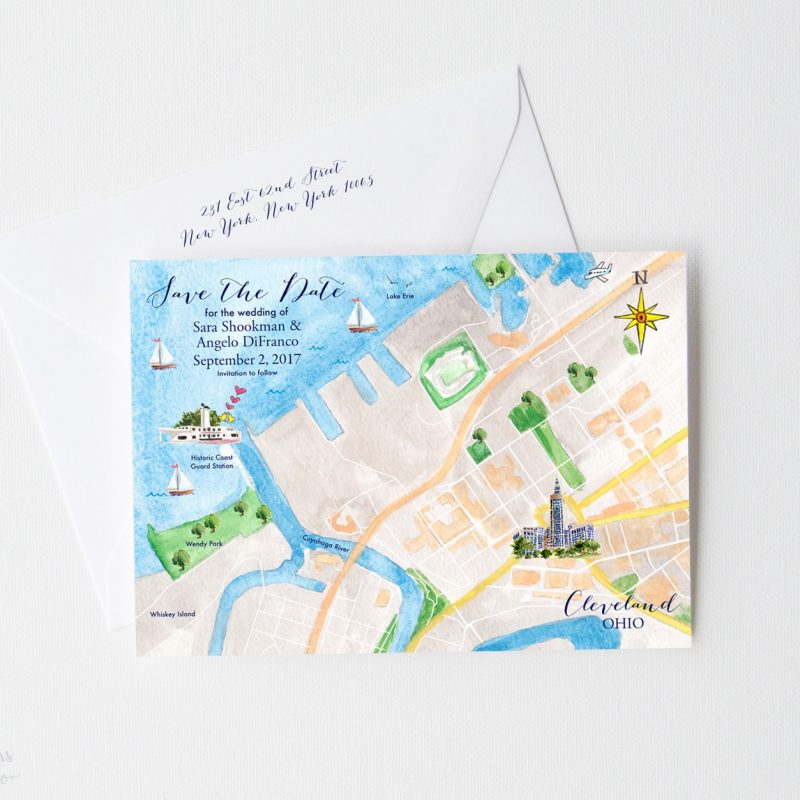 Illustrated watercolor Cleveland Ohio wedding map save the date cards by artist Michelle Mospens. - Mospens Studio