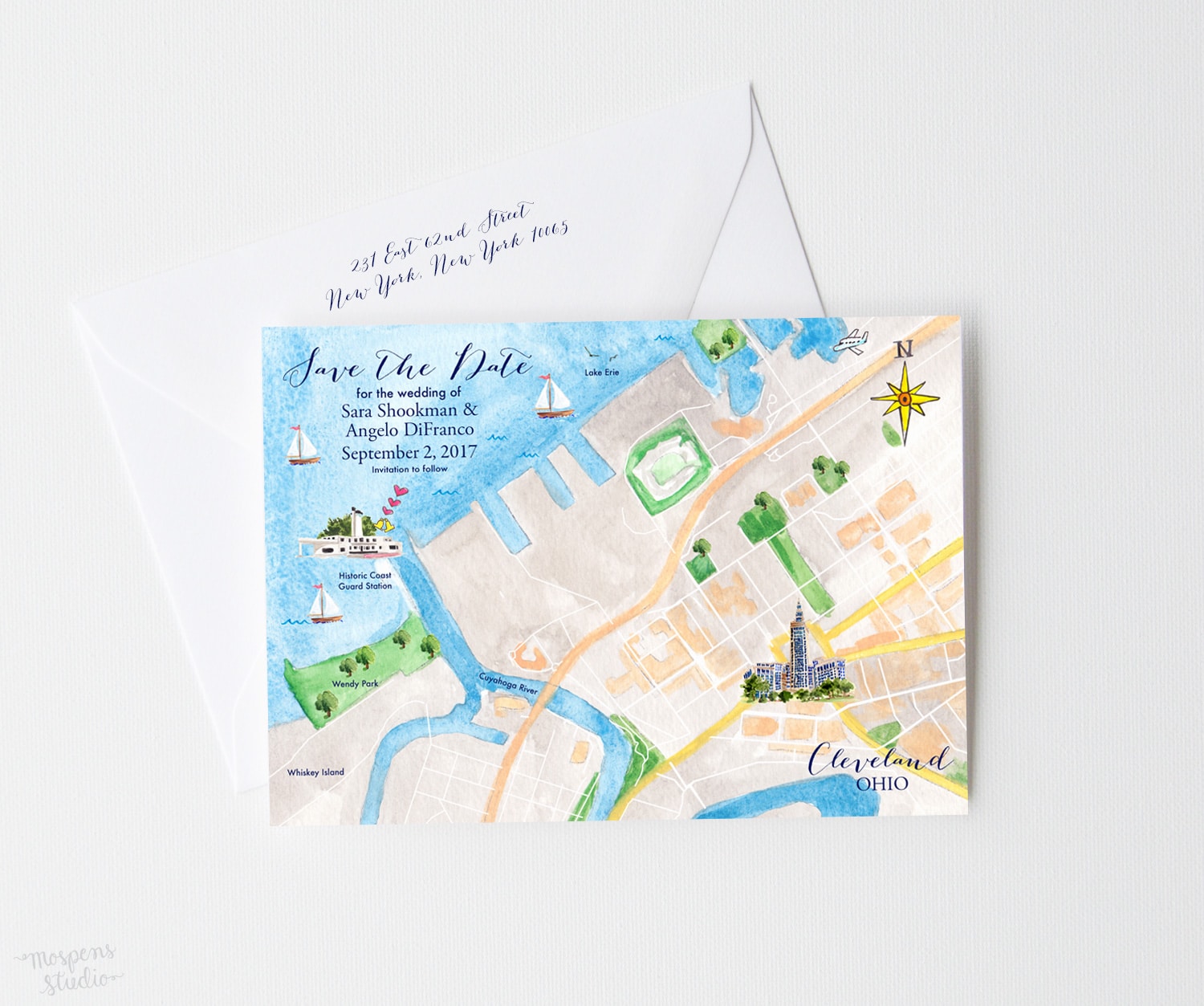 27 Sea-worthy Nautical Wedding Invitations. Illustrated watercolor Cleveland Ohio wedding map save the date cards by artist Michelle Mospens. - Mospens Studio
