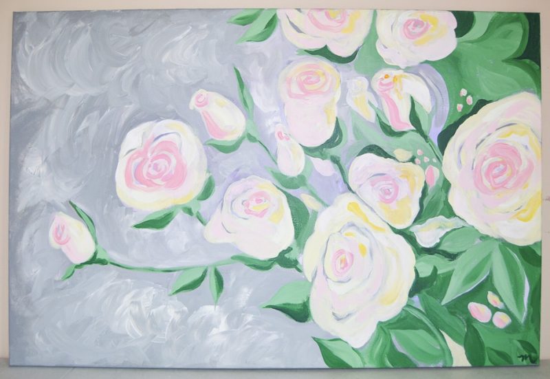 Original white and pink roses large floral canvas painting by artist Michelle Mospens. | Mospens Studio